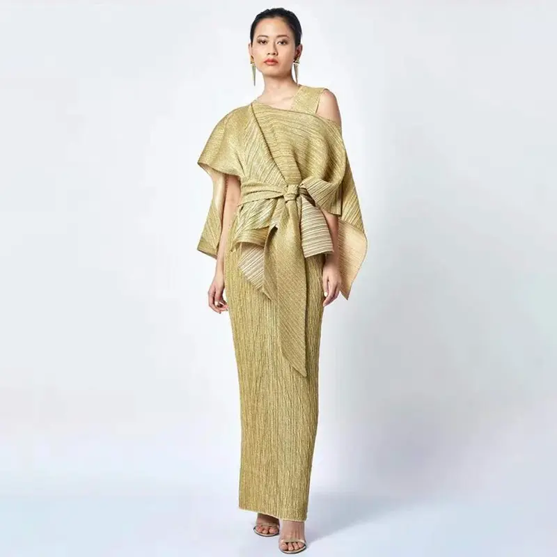 Factory Direct Fashion Luxury Two Piece Pleated Party Midi Dresses Set Women Evening Elegance Gold Indian Dresses For Women