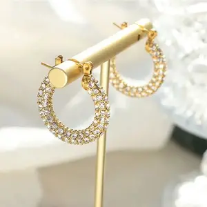 Retro Luxury Stainless Steel U-shaped Full Cubic Zirconia Hoop Shining Earring Charm Exaggerated Fashion 18K Gold Jewelry Gift