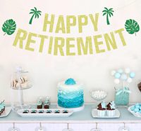 Bannière Joyeux Retraite Paillettes Dorées - Décorations de Fête de Retraite Feuilles de Palmier, Décoration Tropicale de Fête de Fin de Contrat