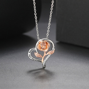 Collana con Ciondolo a Cuore con Rosa, Placcata in Platino con Zirconi, Scritta '<span class=keywords><strong>Ti</strong></span> <span class=keywords><strong>Amo</strong></span> per Sempre', Gioielli alla Moda, Regalo - Product Image 3