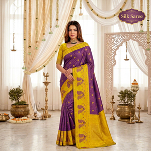 Sari en soie violet et jaune avec motif paon pour femme, longueur ras du sol, sans plis, coupe classique, idéal pour mariage traditionnel indien - Product Image 1