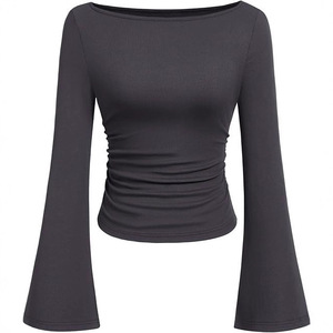 T-shirt a maniche lunghe da donna in viscosa, slim fit, con collo alla coreana, tinta unita, stile europeo-americano, effetto snellente, per l'autunno. - Product Image 3