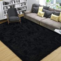 Tapis d'appoint moelleux pour salon et chambre, tapis à poils longs noir et gris