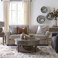 Table basse ronde en bois massif de style rustique américain avec coins arrondis et rangement, plateau en chêne sur mesure, meubles de salon
