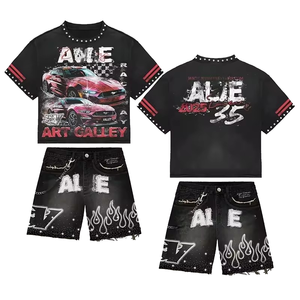 Ensemble T-shirt et short imprimé numérique délavé à l'acide pour homme, streetwear d'été en coton, survêtement oversize, logo personnalisé, vente en gros - Product Image 1