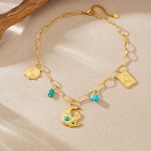 Gold Plated Vintage Turquoise Inlaid Moon Owl Pendant Clavicle Chain Necklace Themed Pendants Gift Jewelry - Product Image 3