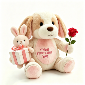 customized Soft cream beige sitting floppy ear dog plush with <b>blush</b> pink belly & paw accents, holding <b>red</b> rose and white gift - Product Image 4