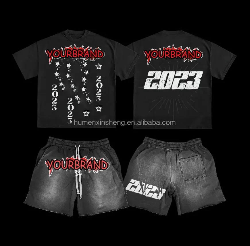 Ustom-Conjunto de camisetas y pantalones cortos para hombre, camiseta vintage lavada con estampado de ácido