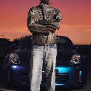 جاكيت رجالي كبير الحجم بسحاب من الجلد بتصميم عتيق مخصص ثلاثي الأبعاد بارز للهيب هوب وملابس الشارع - Product Image 4