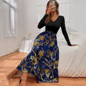 European and American women's fashion summer casual long-sleeved printed sexy V-neck dress