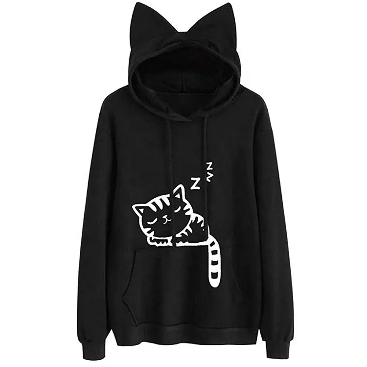 Sudadera con capucha para mujer, con logotipo personalizado, ropa para Parte Superior Femenina, con estampado de orejas de gato, forro polar, bonita, fabricante