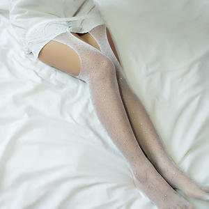 Calze <span class=keywords><strong>a</strong></span> Rete Lucide da Donna, Sexy, Nere, al Ginocchio, con Strass e Adesivo - Product Image 4