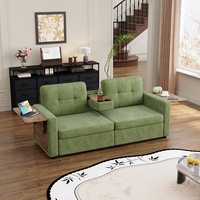 Canapé deux places rembourré vert avec porte-gobelets, tables d'appoint et tiroirs de rangement pour salon et appartement