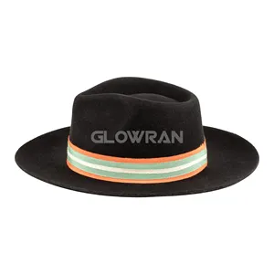 قبعة فيدورا سوداء ذات حافة واسعة من الصوف الأسترالي الخالص عالية الجودة مع رباط للقبعة قابل للإزالة