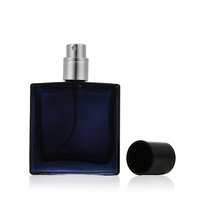 Flacon de parfum en verre transparent bleu carré vide de 35 ml avec bouchon à vis, emballé dans un carton