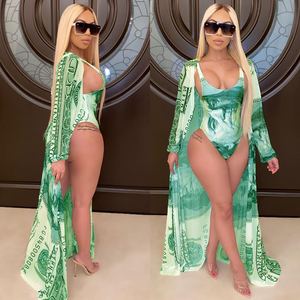 Women's Latest Swimwear Fashion Casual Money Printed Cape + <strong>Bikini</strong> Split Swimsuit With Belt Swimsuits <strong>Skimpy</strong> <strong>Bikini</strong> - Product Image 4