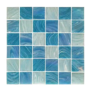 Mosaico de vidro iridecente 48x48mm, padrão de azulejos quadrados azuis para piscina