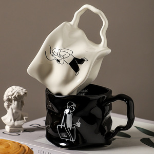 New Design Irregular <b>Ceramic</b> Coffee <b>Mug</b> Creative Black White <b>Ceramic</b> <b>Mug</b> for Couples - Product Image 1