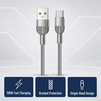 Câble de données USB-A vers Type-C à tête unique, 100W 5A, charge rapide, en nylon tressé, conducteur en cuivre pur, pour téléphones, tablettes et appareils quotidiens