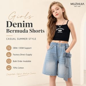 MZJ Bermuda in denim azzurro da ragazza, con elastico in vita, gamba larga e fiocco decorativo con strass - Product Image 1