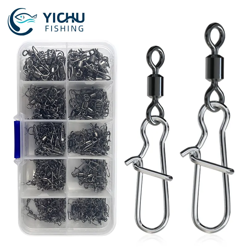 210pcs/box Fishing Rolling Barrel Swivels with Stainless Steel Duo Lock Snap Swivels Connector Fishing Tackle