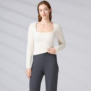 Suéter de punto afelpado con cuello cuadrado para mujer, mezcla de lana, manga larga acanalada, ajuste ceñido, top de punto para otoño/invierno al por mayor - Product Image 1