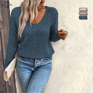 Suéter de <span class=keywords><strong>Punto</strong></span> para <span class=keywords><strong>Mujer</strong></span>, Estilo Europeo, Elegante y Casual, Cuello en V, Otoño, Mangas Largas Holgadas, Tejido Plano - Product Image 1