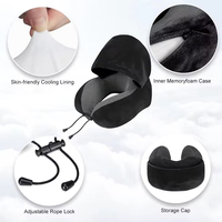 Oreiller de voyage à capuche en velours, soutien cervical en mousse à mémoire de forme en forme de U avec cordon de serrage réglable pour avion et bureau