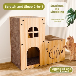二階建て猫用ベッド＆爪とぎボード、耐摩耗性段ボール製、シンプルスタイル猫用家具、OEM供給業者 - Product Image 3