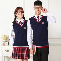 Gilet sans manches en tricot épais col en V style preppy automne/hiver, uniforme scolaire, couleur contrastante, coton-polyester