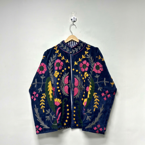 Handmade Dark Blue <b>Velvet</b> Suzani Embroidered <b>Jacket</b> with Floral Pattern Full Sleeve Stand Collar Bohemian <b>Women's</b> Winter Coat - Product Image 1