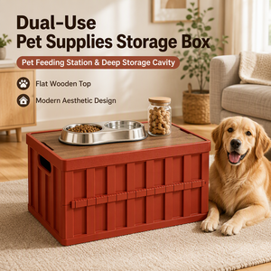 Boîte de rangement pliable pour jouets et nourriture pour animaux de compagnie avec couvercle <span class=keywords><strong>en</strong></span> bois massif, organiseur de fournitures pour chiens <span class=keywords><strong>en</strong></span> plastique robuste pour appartement - Product Image 1