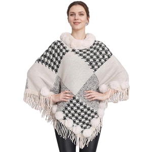 Chal de Moda para Mujer con Patrón de Pata de Gallo, Capa de Piel Sintética con Borlas y Pompones, Abrigo Cálido para Invierno - Product Image 2