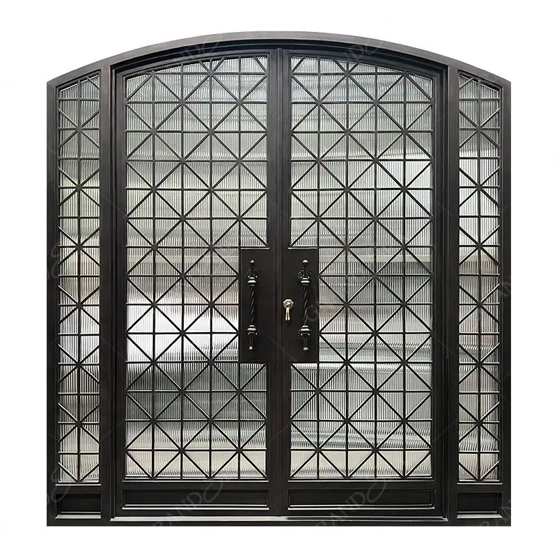 Simple European Patio Black Steel Main Front Reded Glass Wrought Iron Grill Door Design