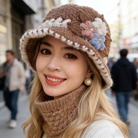 Sombrero de Pescador de Lujo Elegante Tejido a Mano para Mujer, Gorro Vintage de Invierno Cálido con Flores, Sombrero Cloche Suave de Ganchillo, Gorra de Moda Tipo Bote