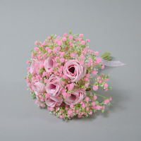 Bunga Artifisial Grosir untuk Pernikahan, Mawar dan Babys Breath, Buket Bunga Buatan Ikat Tangan, Hari Valentine