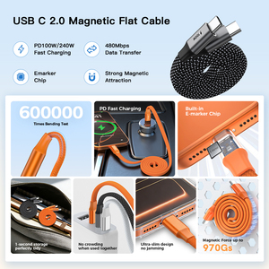 Uniean สายดาต้าแบบถักแม่เหล็ก USB C2.0, สายชาร์จเร็ว48V 100W Type C 480Mbps สายแบนสำหรับ <span class=keywords><strong>iPhone</strong></span> - Product Image 2