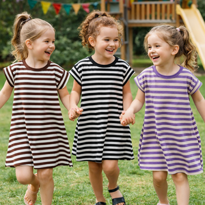 Robes pour filles, en coton rayé, tenues assorties frère-sœur, été 2026, respirantes, manches courtes, vêtements pour enfants - Product Image 1