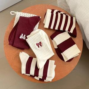 Spring Summer Cotton <b>Knee</b> <b>High</b> <b>Socks</b> Striped Bow Design Breathable Sweat Absorbing For Women - Product Image 3