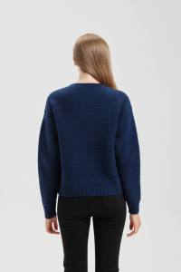 Pull en cachemire 100% pur pour femme, bleu marine, col rond, manches longues, tricot côtelé - Product Image 2