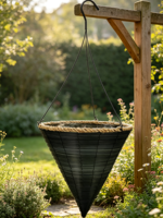 Panier suspendu en osier conique brun foncé, bord en corde beige, crochet métallique, doublure imperméable pour plantes rampantes de jardin