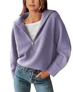 Women Casual Long Sleeve Half Zip Pullover Sweaters Solid V Neck Collar Ribbed Knitted Loose <strong>Slouchy</strong> <strong>Jumper</strong> Tops - Product Image 4