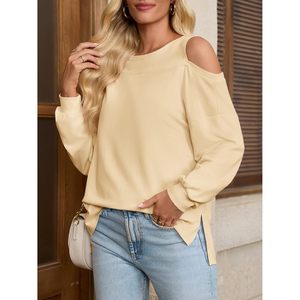 Camisetas de manga larga con hombros descubiertos para mujer, cuello redondo, estilo básico, holgadas, a la moda para otoño - Product Image 5