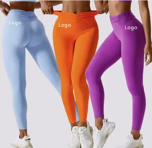 Custom Logo Plus Size Fitness Effen Kleur Ademende Vrouwen Sport Hoge Taille Strakke Scrunch Yoga Leggings Broek
