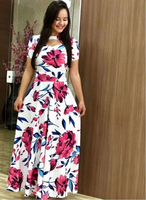 Robe d'été pour femmes, imprimé floral, robe longue décontractée à manches courtes, col creux, taille plus, robe maxi décontractée