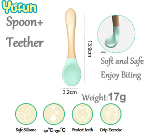 Cuillère et fourchette pour tout-petits en silicone de qualité alimentaire avec manche en bois, couleur personnalisée OEM, matériau résistant à la chaleur, cuillères à long manche - Product Image 3