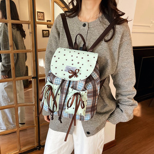 Sac à dos tendance coréen en nylon respirant pour <span class=keywords><strong>femme</strong></span>, grande capacité, polyvalent, motif écossais, avec joli nœud, idéal pour étudiante, style étoile - Product Image 4