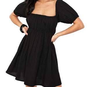 Robe d'été décontractée pour femme, mini-robe en lin de haute qualité, manches bouffantes, dos croisé, détail smocké - Product Image 1