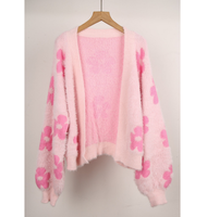 Neuheit Fabrik ODM Intarsia-Blumen Polyester-Pullover Flauschiger Gebürsteter Polyester-Nerzfell Junge Mode Mädchen Damen Strickjacke