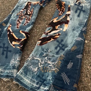 Men's Blue Washed <b>Denim</b> <b>Trousers</b> Distressed Patches Printed Design Straight Style Mid Available Dark Light Colored Wholesale - Product Image 4